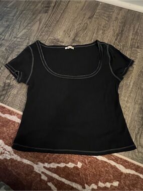 Free People Black Scoop Neck Short Sleeve Top with Contrast Stitching